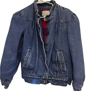Vintage Learsi Denim Bomber Jacket 80s 90s Plaid Lined Cropped Elastic Waist
